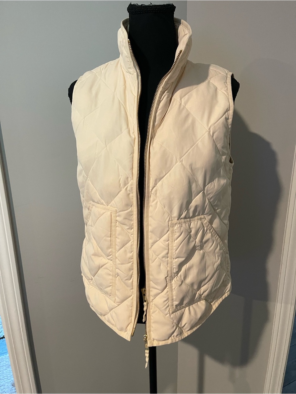 J. Crew Quilted Cream Puffer Vest with Stand Collar